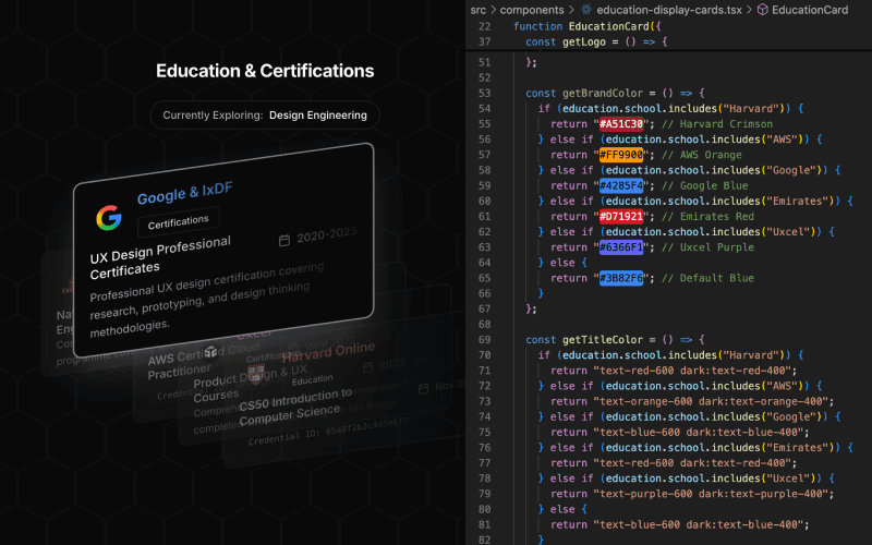 Education display cards with 21st.dev-inspired stacking animations